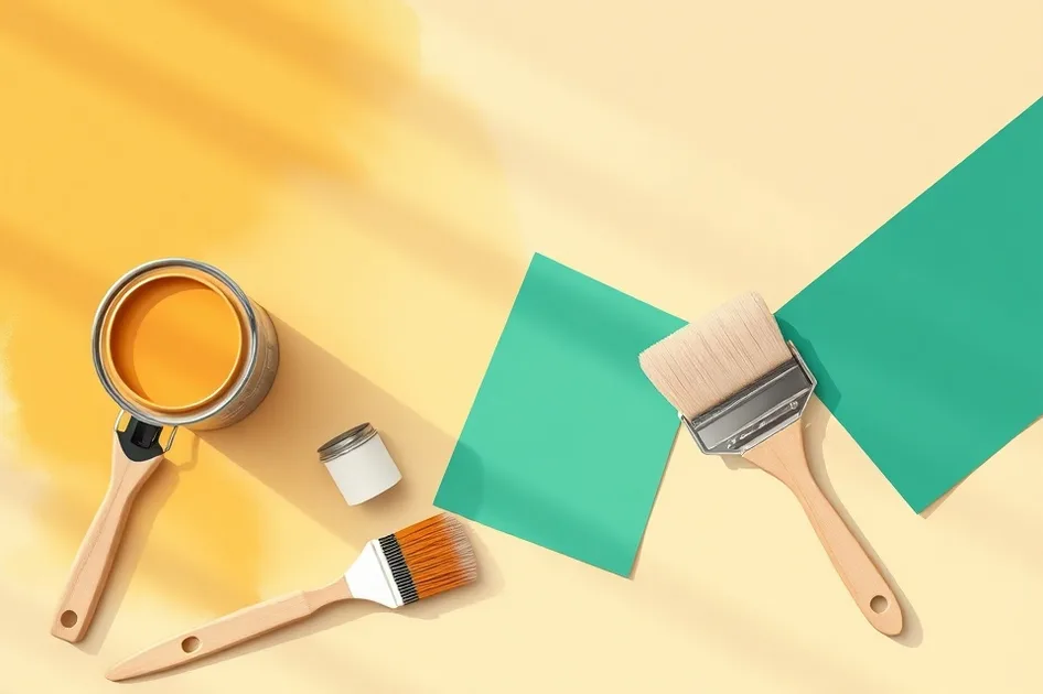 Pots de peinture, nuancier, brosses et rouleaux disposés à plat