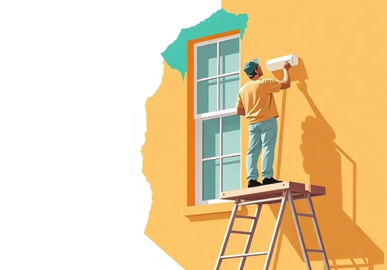 Peintre sur échafaudage traitant la façade d'une maison