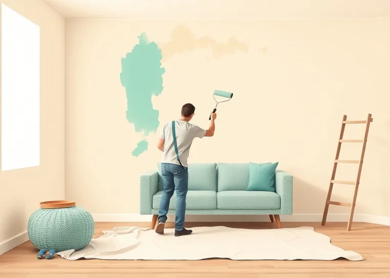 Peintre appliquant la peinture au rouleau sur un mur de salon